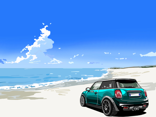 南国の海とオシャレな車のイラスト
