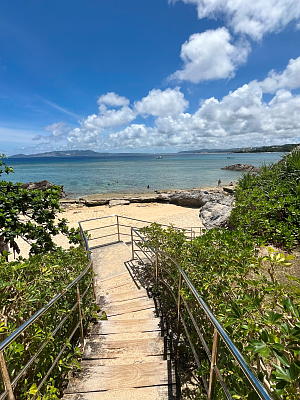 �Ȃ��䂭���̃r�[�`�ɍ~��邽�߂̊K�i�̏ォ��A�r�[�`�ƊC�������ʐ^